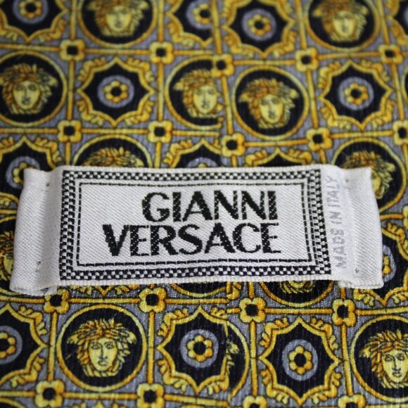 GIANNI VERSACE Rare Vintage, Medusa Print Gold, Grey & Black Neck Tie 3.75" Wide - Picture 6 of 8